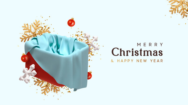 Open gift box with blue silk fabric inside, gold glitter confetti and red balls and golden snowflakes. Template for Christmas design. Merry Christmas Happy New Year background. vector illustration
