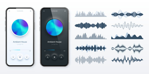 Online audio player user interface, smartphone app UI design. Music, media streaming and listening platform. Responsive mobile application. Neumorphism. Various sound waves. Vector illustration