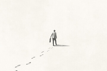 Illustration of man walking lost in the fog, surreal concept - obrazy, fototapety, plakaty