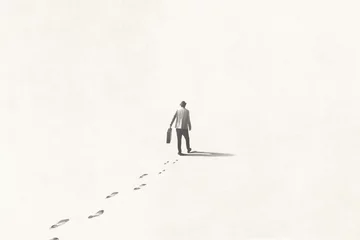 Fotobehang Illustration of man walking lost in the fog, surreal concept © fran_kie