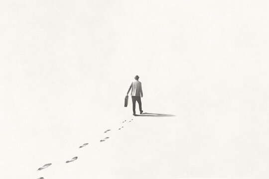 Illustration of man walking lost in the fog, surreal concept