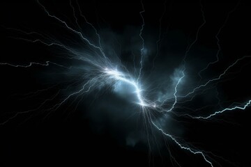 Illustration of lightning bolts swirling in a tunnel against a black background with a unique natural light effect. Generative AI