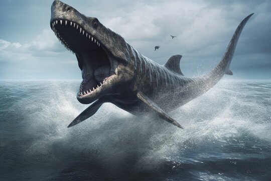 giant prehistoric shark leaping and assaulting. Generative AI