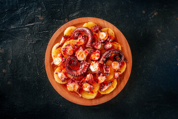 Pulpo a la gallega, Spanish octopus meal, Galician dish, overhead flat lay shot on a black...