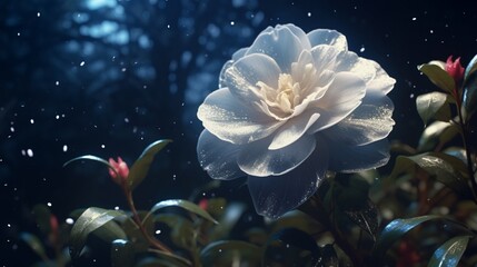 A breathtaking Celestial Camellia in full bloom under the moonlight, its delicate petals glistening...
