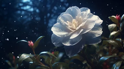 Foto op Plexiglas A breathtaking Celestial Camellia in full bloom under the moonlight, its delicate petals glistening with dew. © Anmol