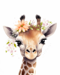 Retrato de jirafa simpática con ojos muy bonitos y cabeza adornada con flores, sobre fondo blanco, ilustración animada creada por IA