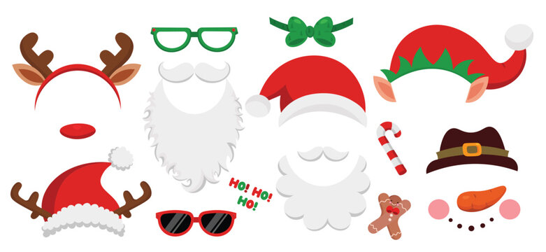 Christmas photo booth elements design. Vector mask collection. 