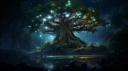 A majestic, ancient Euphorbia tree with bioluminescent leaves in the midst of a lush, mystical...