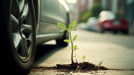 Sprout growing out of road asphalt as nature resistance and endurance. Urban city pollution with traffic and cars. Green plant growth as symbol of better future and sustainable tomorrow. - obrazy, fototapety, plakaty