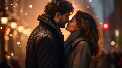 a New Year's kiss, with love in the air as the background context, during the first moment of the year