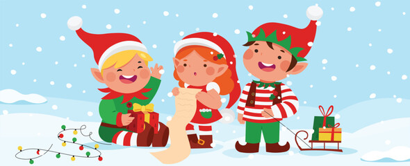 Christmas elf, kids in elf costumes. Winter background