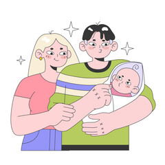 Parents holding newborn baby. Happy family, father, mother and first new born child. Wife and husband with cute infant, new family member. Flat vector illustration