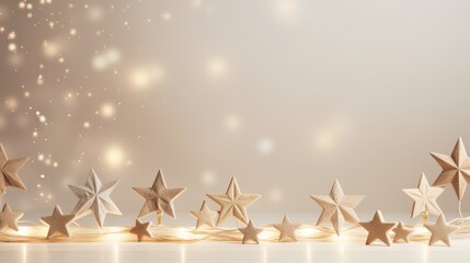 Make your season bright with this stunning holiday table setup. A Merry Christmas concept with wooden stars, burning candles, and garland on a beige pastel background.