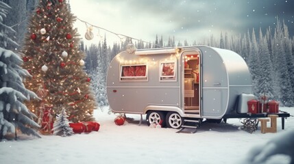 Festive Camper Trailer with Christmas Tree Background Sets the Scene for a Merry Holiday Celebration - obrazy, fototapety, plakaty