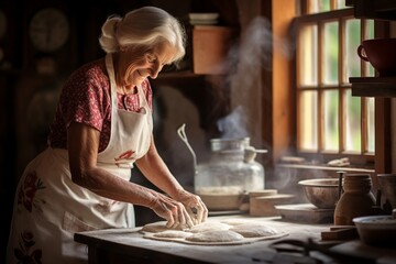 Graceful Elderly Lady in Traditional Kitchen Scene