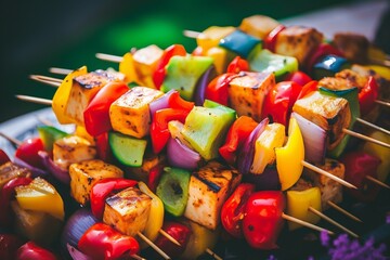 Fototapeta na wymiar Bold and Vibrant Skewers: A Fusion of Tofu, Vegetables, and Indigenous Culture