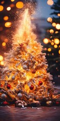 Burning Bright: Festive Christmas Tree Fire Illuminates the Night with Red Flames and Fiery Heat