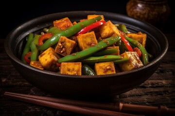 Spicy Tofu Stir Fry with Green Peppers and Chilies: A Luminous and Multilayered Display of Bold, Rustic Textures