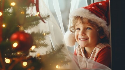 little child in santa hat with christmas tree