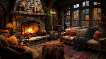 Obraz na płótnie Canvas A cozy log cabin interior, featuring a stone fireplace, rustic wooden beams, and plaid blankets