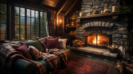 Fototapeta premium A cozy log cabin interior, featuring a stone fireplace, rustic wooden beams, and plaid blankets
