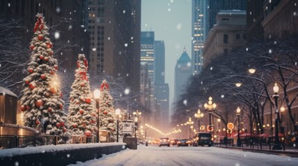  Chicago: Christmas Decorations and Cheerful Crowds in the City - obrazy, fototapety, plakaty