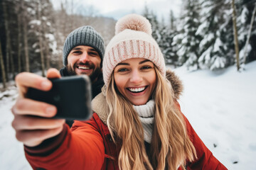 Happy couple having fun taking and selfie together outdoors in winter In forest