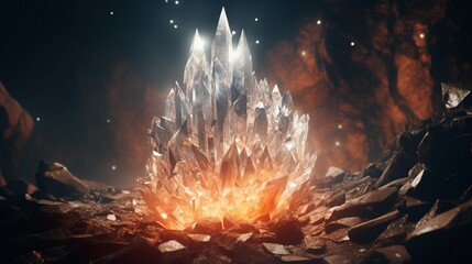 A massive crystal formation embedded in the surface of an alien world, reflecting the light of an...
