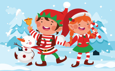 Naklejka premium Winter landscape with little elf, snowman vector illustration. 