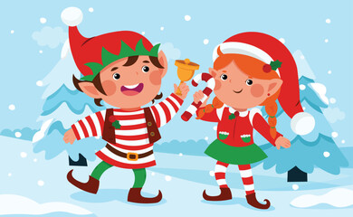 Winter landscape with little elf, snowman vector illustration. 