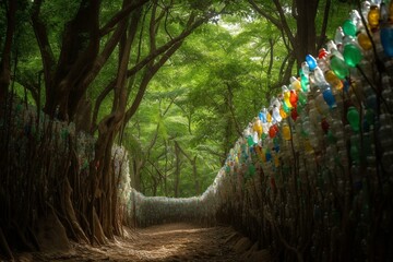 Recycled plastic bottle amidst trees. Generative AI
