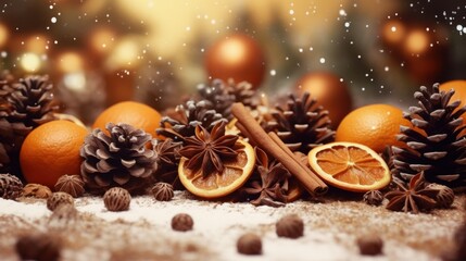  Christmas Background with Dried Oranges, Golden Pine Cones, and Spices