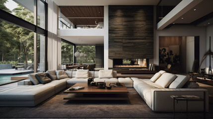 Big living room of luxury penthouse with big windows - obrazy, fototapety, plakaty