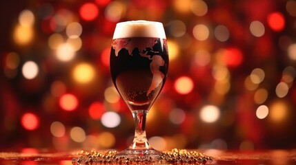  Christmas Beer: Dark Ale in Tulip Glass Adorned with Baubles, Tinsel, and Lights on Red Background - obrazy, fototapety, plakaty