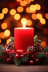 Dreamy Red Christmas Candle Burning in Wreath Decoration