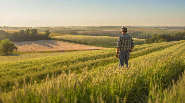 A farmer in a field looking down at the harvest, in a green wheat field