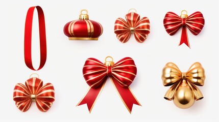 3D Christmas Decorations Clip Art Set with Golden Jingle Bell, Red Ribbon Bow, Candy Cane, Glass Ball Ornament, and More, Is