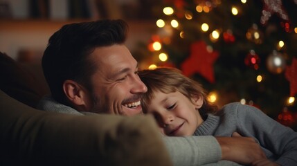 Obraz na płótnie Canvas Father and Son Bonding over Christmas Cheer near Festive Tree on Cozy Sofa