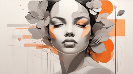 A single grey line, forming half of a woman's face with a flower on her head. Abstracts Elements in a pastel tone, orange colors overlaid with transparency. Minimalistic with a white background.