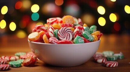  Christmas Candy in a Decorative Bowl with Peppermint and Hard Candies, Adorned with Santa Hat Ornament for Horizontal Holiday Decoration.