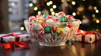 Fototapeta na wymiar Christmas Candy in a Dog-Shaped Bowl: A Perfect Treat for Your Furry Friends!