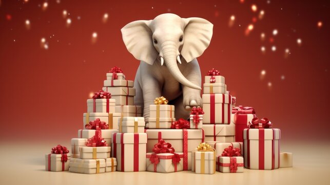 Christmas Image of a White Elephant Holding Gift Boxes