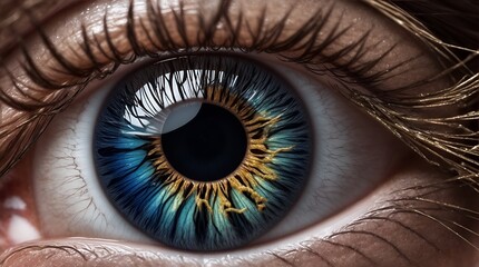A strikingly detailed close-up of a human eye, the focal point of this photograph is a mesmerizing blend of colors and textures. The iris is a deep, rich colorful, while the surrounding sclera  - obrazy, fototapety, plakaty