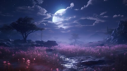 A meadow filled with Moonlit Moss Phlox, illuminated by the moon, creating a dreamy and ethereal...
