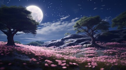 A meadow filled with Moonlit Moss Phlox, illuminated by the moon, creating a dreamy and ethereal atmosphere.