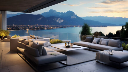 big terrace of a luxury penthouse with amazing view - obrazy, fototapety, plakaty