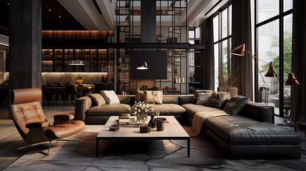 Big living room of luxury penthouse with big windows