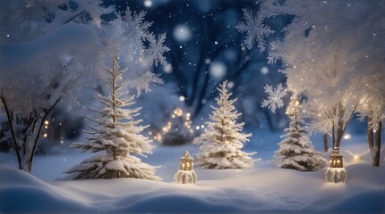 Festive Christmas background, snowdrift and sparkling bokeh lights. Holiday winter card background