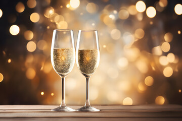 Pair of Champagne glasses for New Year's eve celebration in front of golden bokeh lights